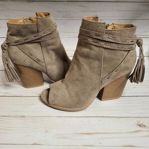 Women's Taupe Suede Peep-Toe Ankle Boots with Tassel Wrap